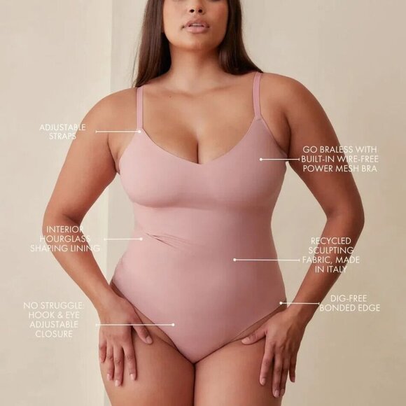 Pinsy Shapewear Bodysuit Spaghetti VNeck Cheeky Pink Hourglass NWT - Picture 2 of 15